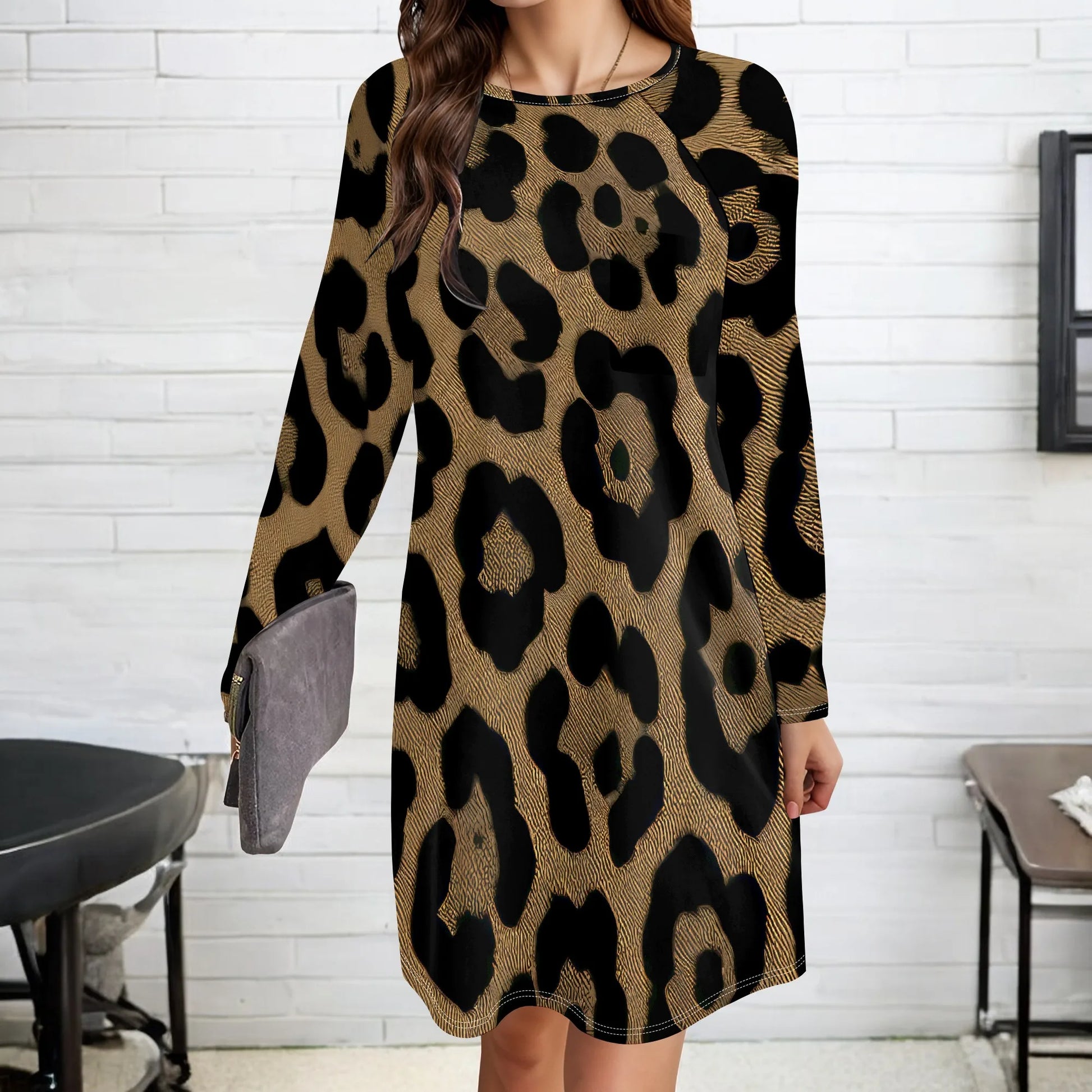Women's Animal Print Dress Long Sleeve Crew Neck Winter Pullover Casual Loose Comfort Midi Dresses - Colouronova