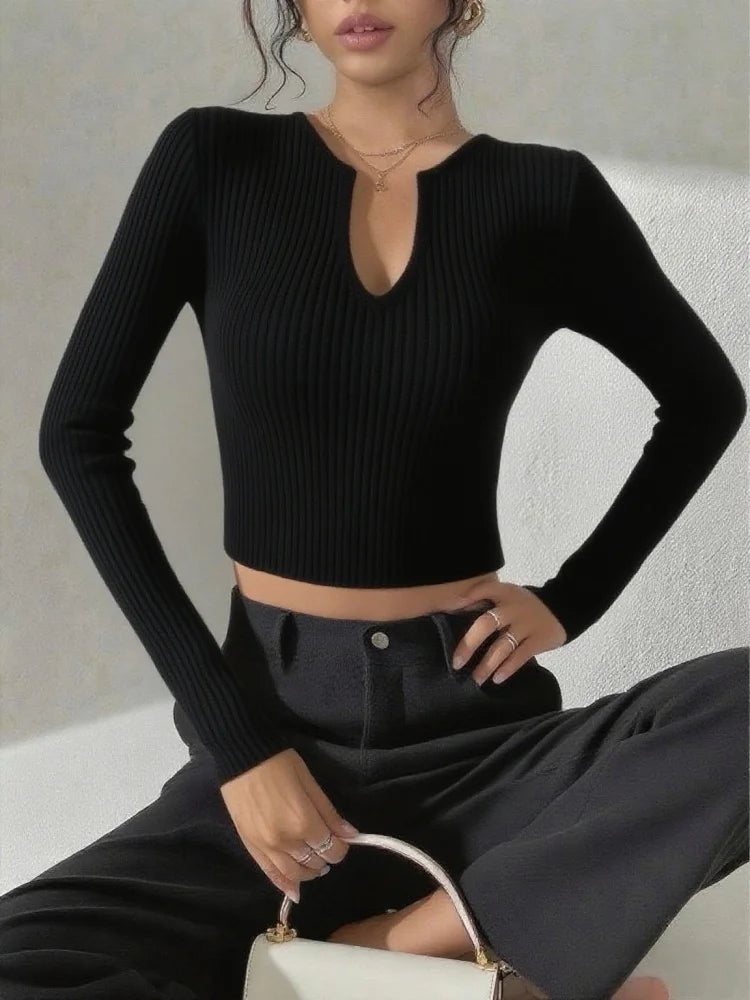 Women's V-neck standard size top, elegant long-sleeved autumn and winter style, bottoming pullover, fashionable popular style - Colouronova