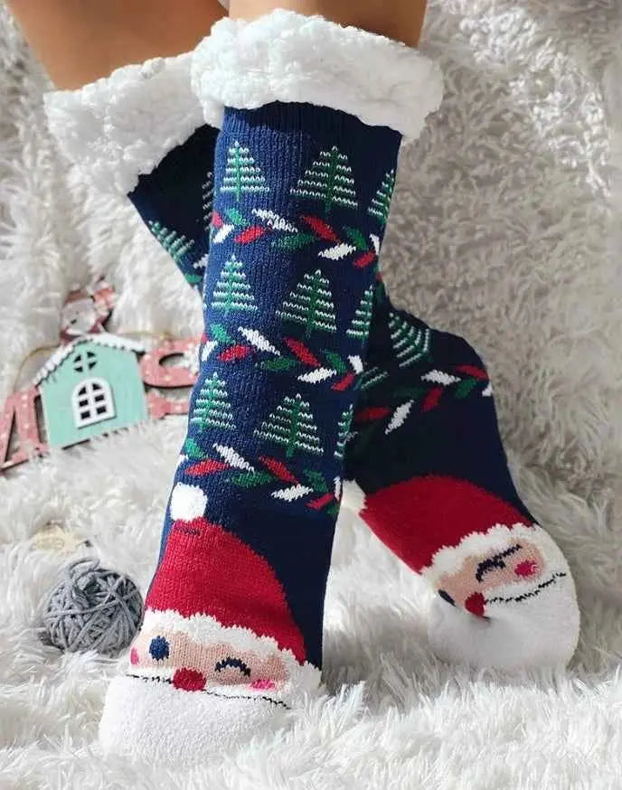 1Pair Christmas reindeer snowflake warm wool lining crew socks 2025 autumn/winter spring new fashionable casual women's clothing