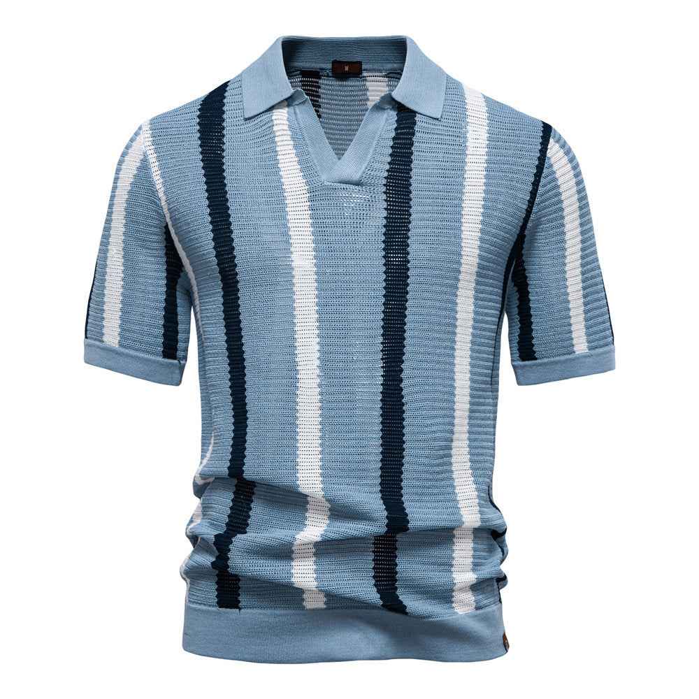 Breathable Striped Mens Polo Shirt Summer Short Sleeve Knit Top