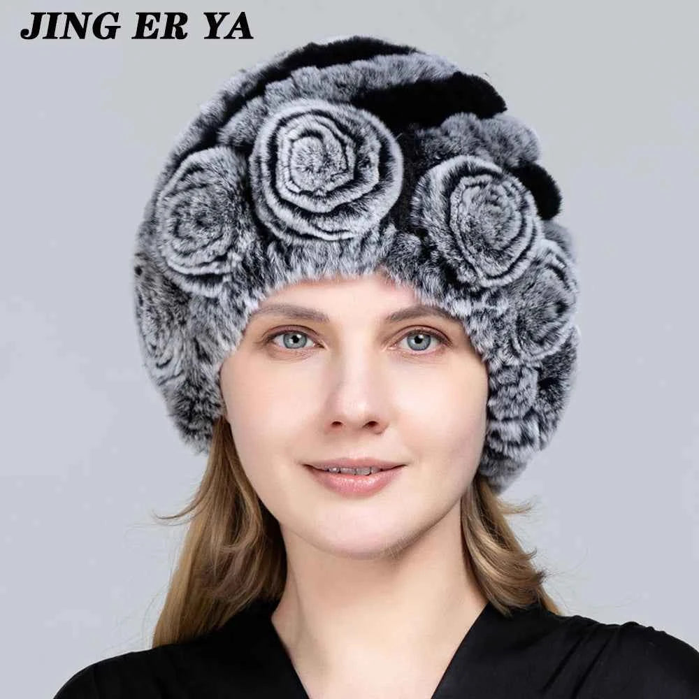 JINGERYA Winter Hat Women Warm Floral Rex Rabbit Fur Knitted Beanie Striped Classic Natural Real Fur Hats