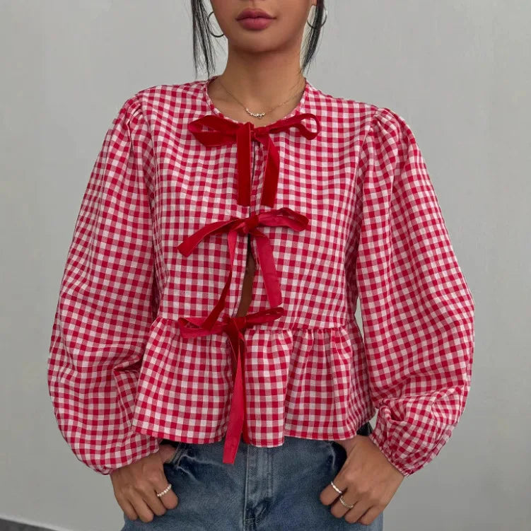 Shirt Women Casual Blouses Coat Plaid Printing Lace Up Bow Round Collar Puff Sleeve Sweet Overshirt Female Spring Summer 2025 - Colouronova