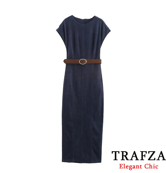 KONDALA Autumn Women Elegant Denim Belt Dress O-Neck Sleeveless Slim Long Dress 2025 Spring Fall Lady Casual Simple Denim Dress - Colouronova