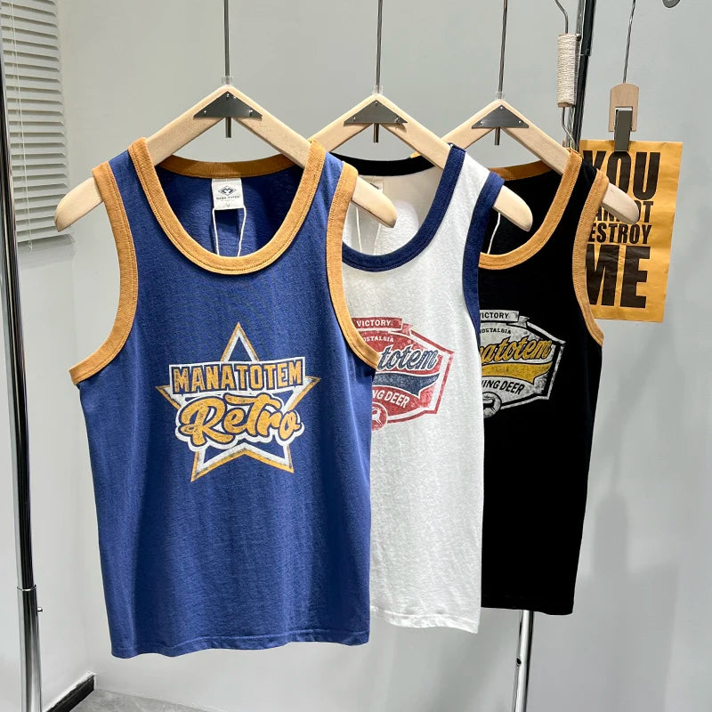 Summer Japan Retro Printed Basketball Loose Sleeveless T-shirt Tank Tops American Vintage Casual 100% Cotton Vest Tees for Men - Colouronova
