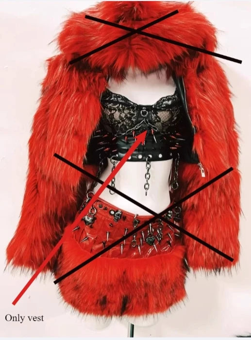 Spring Autumn New Black Lace Hollow Out Sexy Rivet Women's Vest Original Design Red Furry Splicing Short Skirt Coat Set Ladies - Colouronova