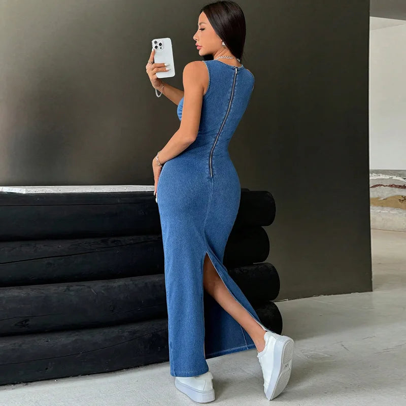 Benuynffy Elegant Split Hem Denim Dress Women's Fashion 2025 Summer Autumn Round Neck Sleeveless Zipper Hip-wrapped Long Dress - Colouronova