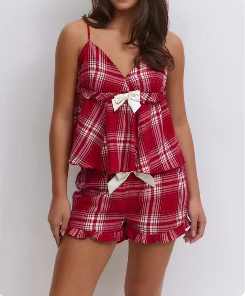 Retro Plaid Bow Decor Women's Top and Pants Colouronova