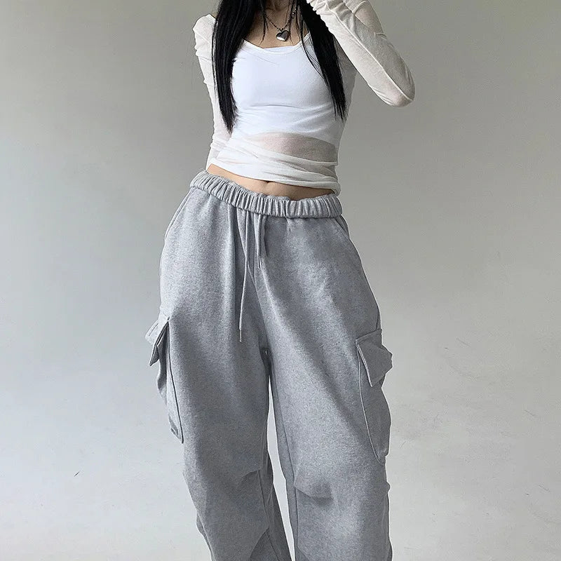 Women Sweatpants Baggy Sports Jogger Trousers Multi Pocket 2024 Autumn Casual Drawstring Cargo Pants High Waist Floor Length - Colouronova
