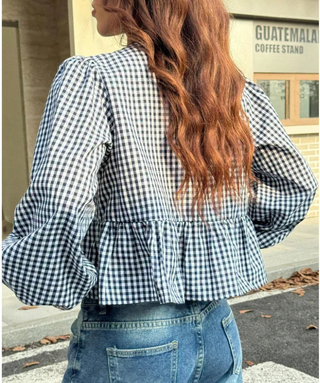 Shirt Women Casual Blouses Coat Plaid Printing Lace Up Bow Round Collar Puff Sleeve Sweet Overshirt Female Spring Summer 2025 - Colouronova