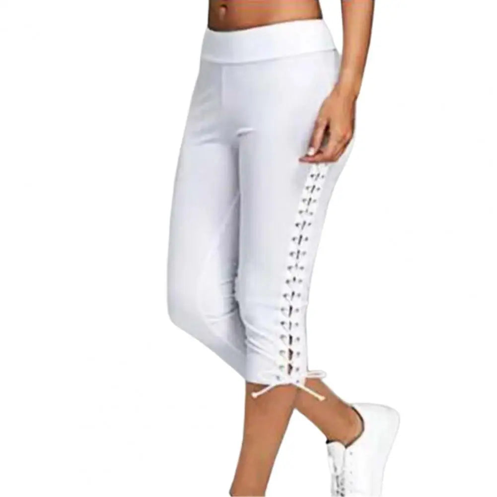Women High Waist Cropped Trousers Drawstring Bandage Skinny Leggings Pants Joggers For Ladies - Colouronova