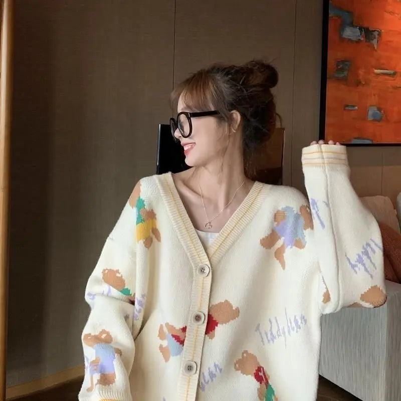 Knitted Korean Cardigan Woman's Clothes Cute V-neck Jacquard Loose Outerwear Lazy Style Youth Lively Fashion Trend Autumn Winter - Colouronova