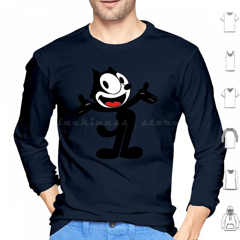 Hoodie Cotton Long Sleeve Vintage Cartoon Animation Kitty Black Cat Vintage Cartoon Cartoon Funny Funny Black Cat Felix Cat - Colouronova