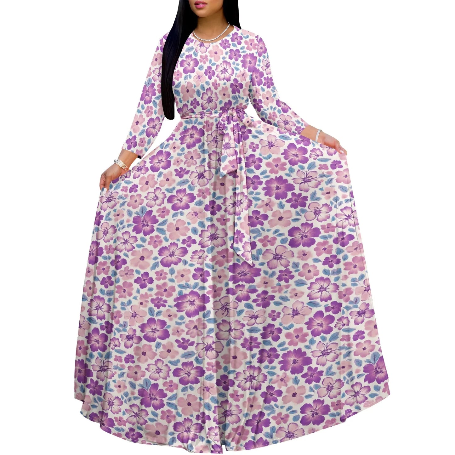 Long Sleeve Plus Size Maxi Fall Dress for Curvy Women Round Neck 3/4 Sleeve Long Dress Cocktail Party Dress Colouronova