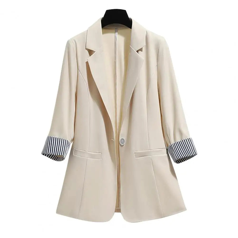 3 4 Sleeve Striped Patchwork Cuff Pockets Women Solid Color Lapel Single Button Thin Suit Coat Workwear - Colouronova