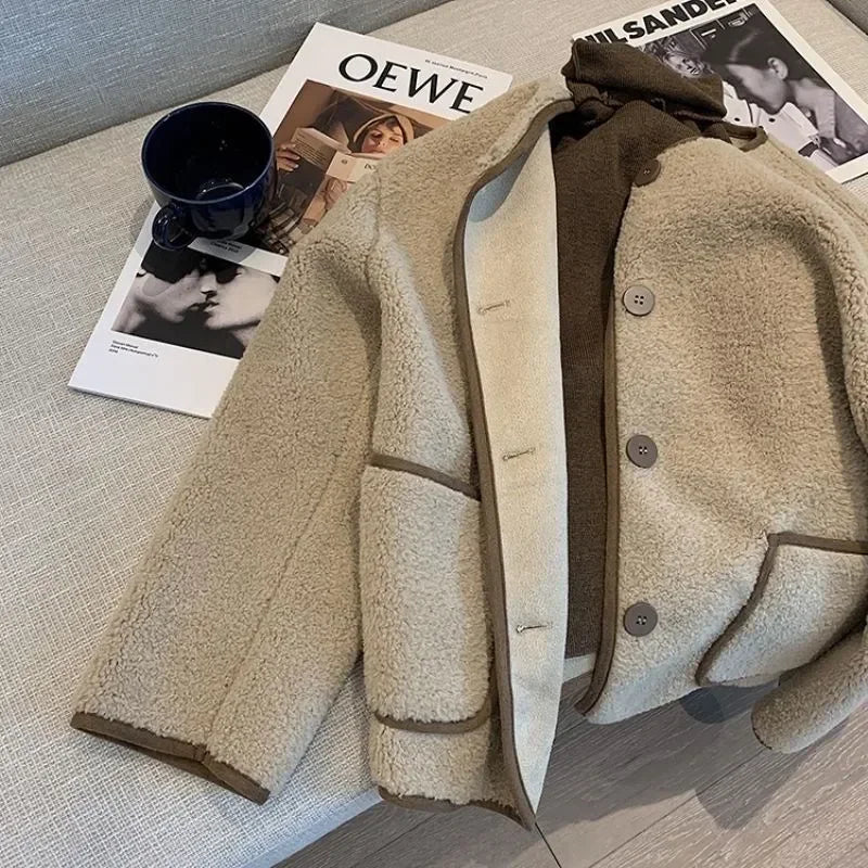 Women's Winter New Fashion Solid Color Lamb's Wool Patchwork Single Breasted Thickened Loose Casual Comfort Coat with Pockets - Colouronova