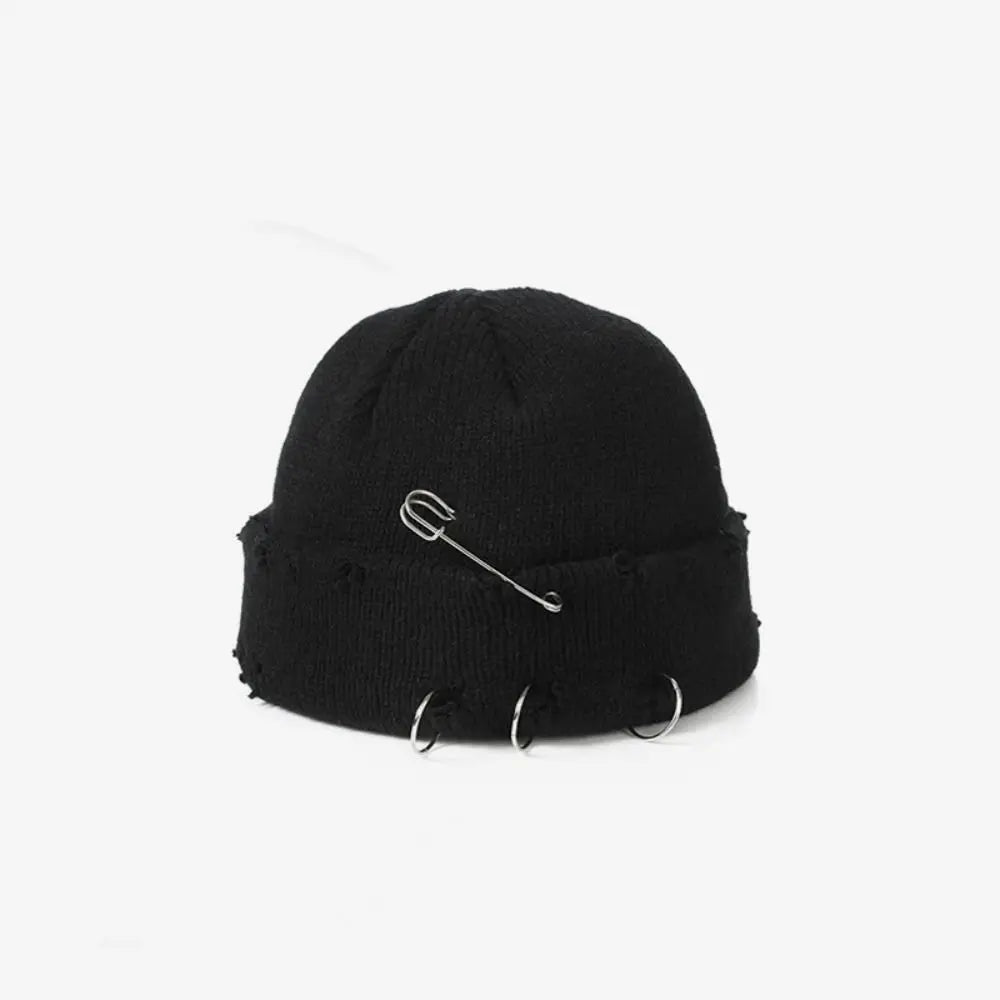 Trendy Autumn Winter Black Beanie Hat Warm Gothic Knitted Elastic Hat Hip-hop Acrylic Ripped Hat Men Women - Colouronova