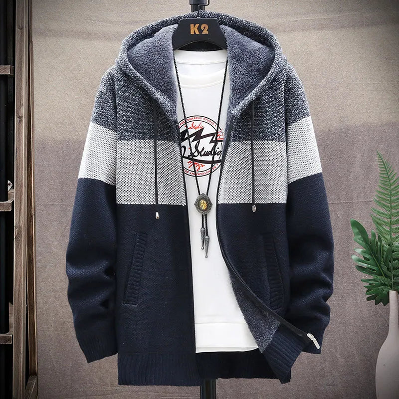 Men Patchwork Winter Warm Sweaters Fleece Jumper Hooded Cardigan Men's Clothing Knitted Coat Male Knitwear Thick Slim Jacket - Colouronova