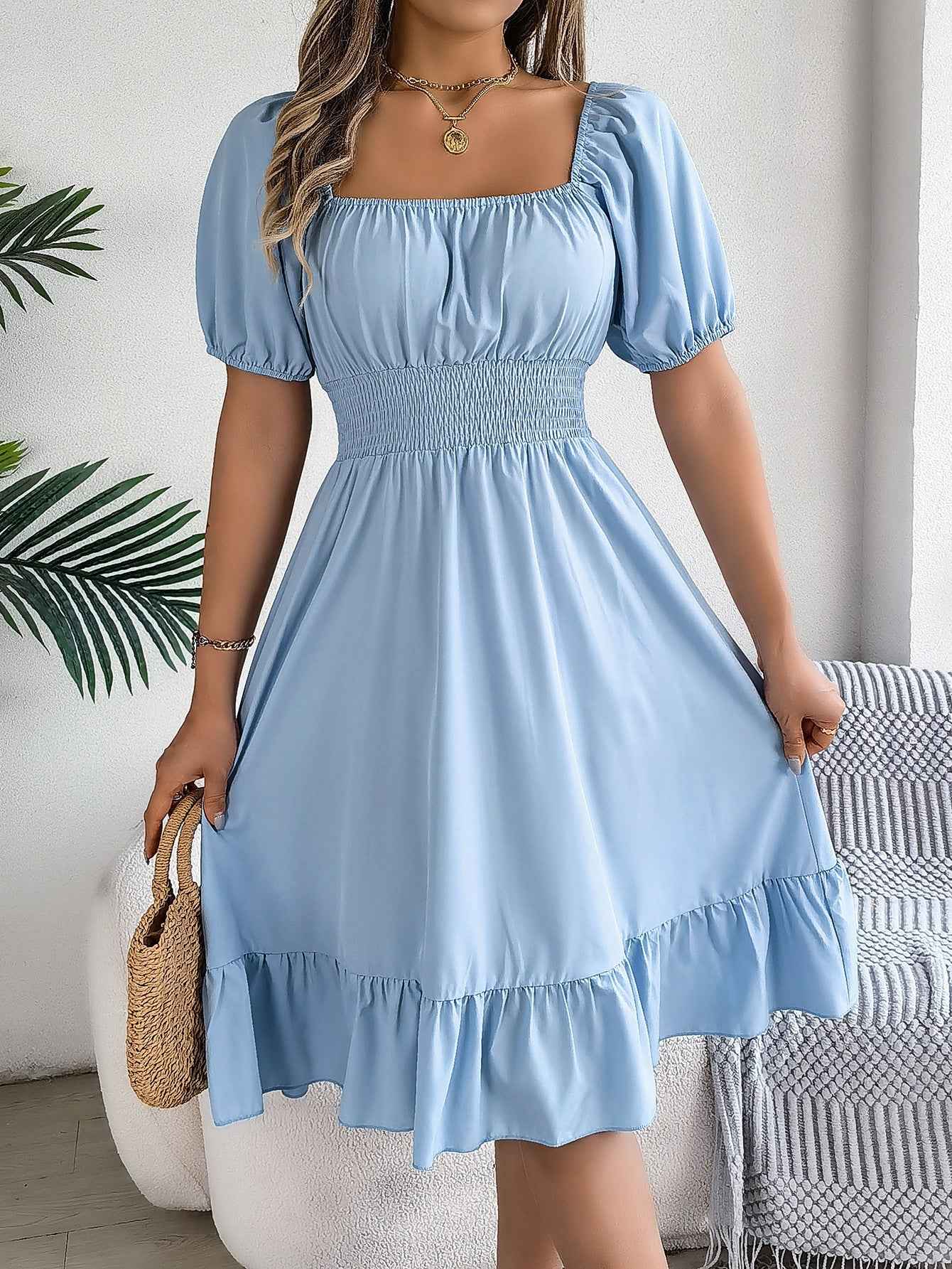 Square Neck Ruffle Hem A-Line Dress