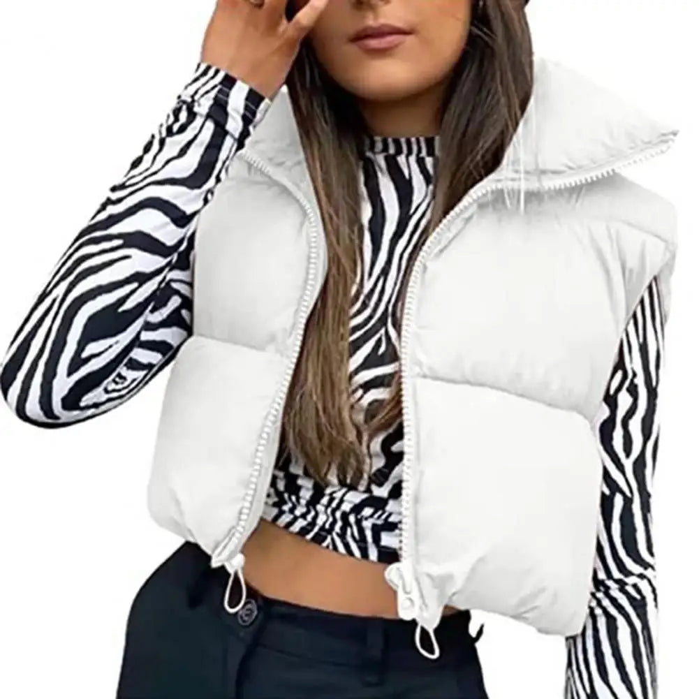 Fall Winter Warm Cropped Vest Jackets for Women Fashion Sleeveless Stand Collar Zip Up Puffer Waistcoat Street Style Outwear - Colouronova