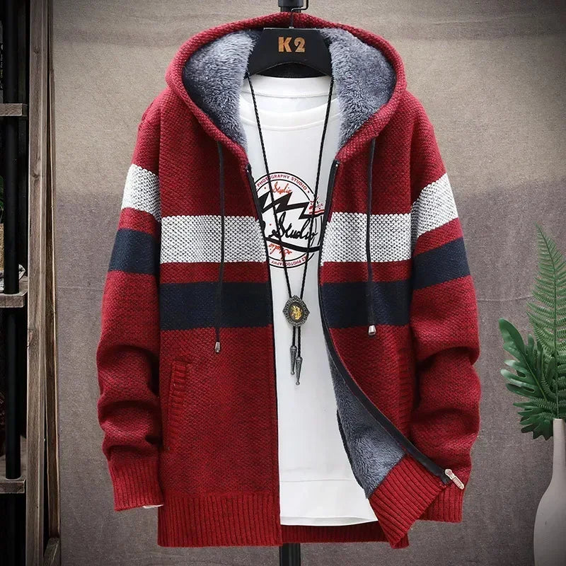 2025 Men's Winter Thick Warm Striped Cardigan Sweater Hooded Faux Fur Wool Jacket Windbreaker Fleece Jumper Knitted Jacket Male - Colouronova