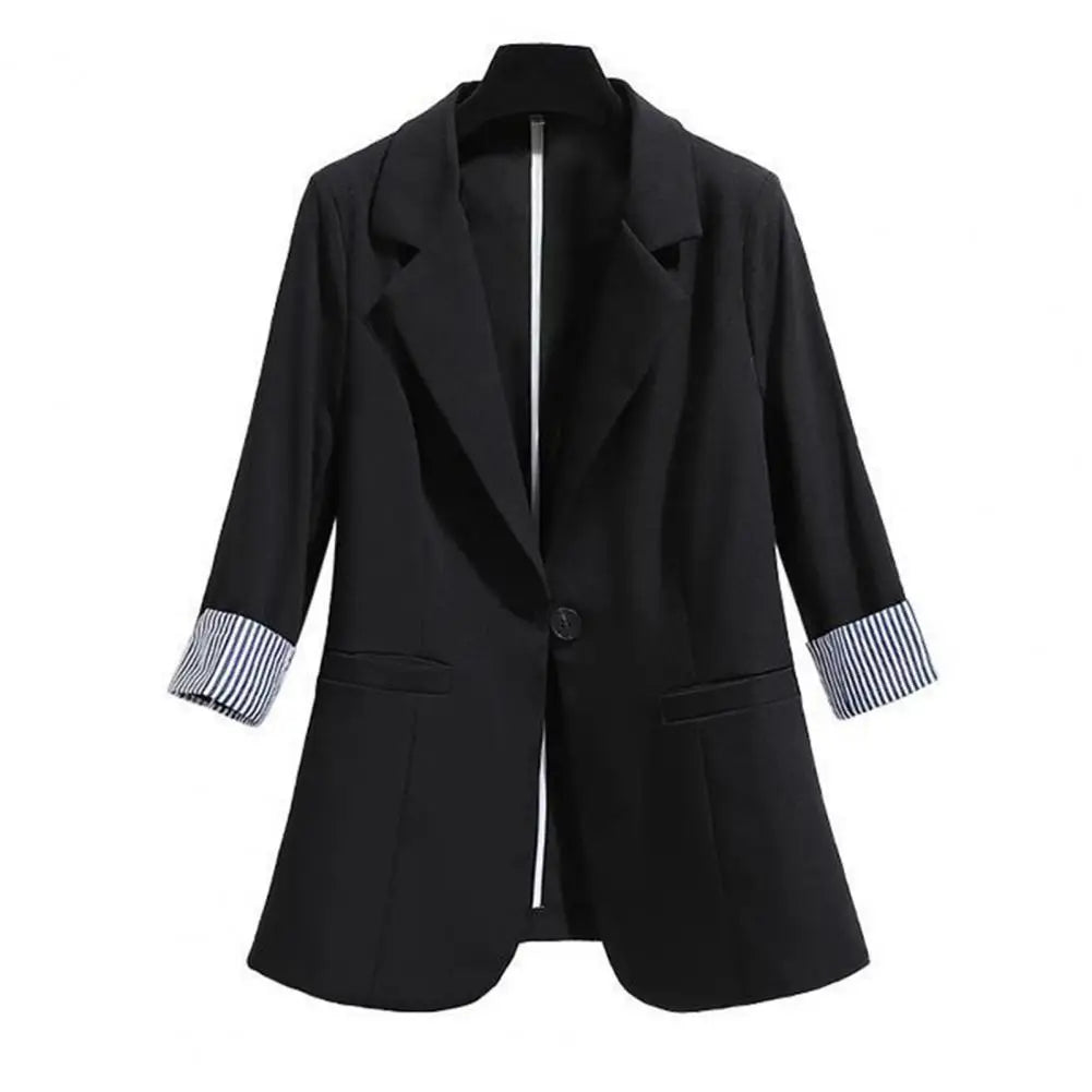 3 4 Sleeve Striped Patchwork Cuff Pockets Women Solid Color Lapel Single Button Thin Suit Coat Workwear - Colouronova
