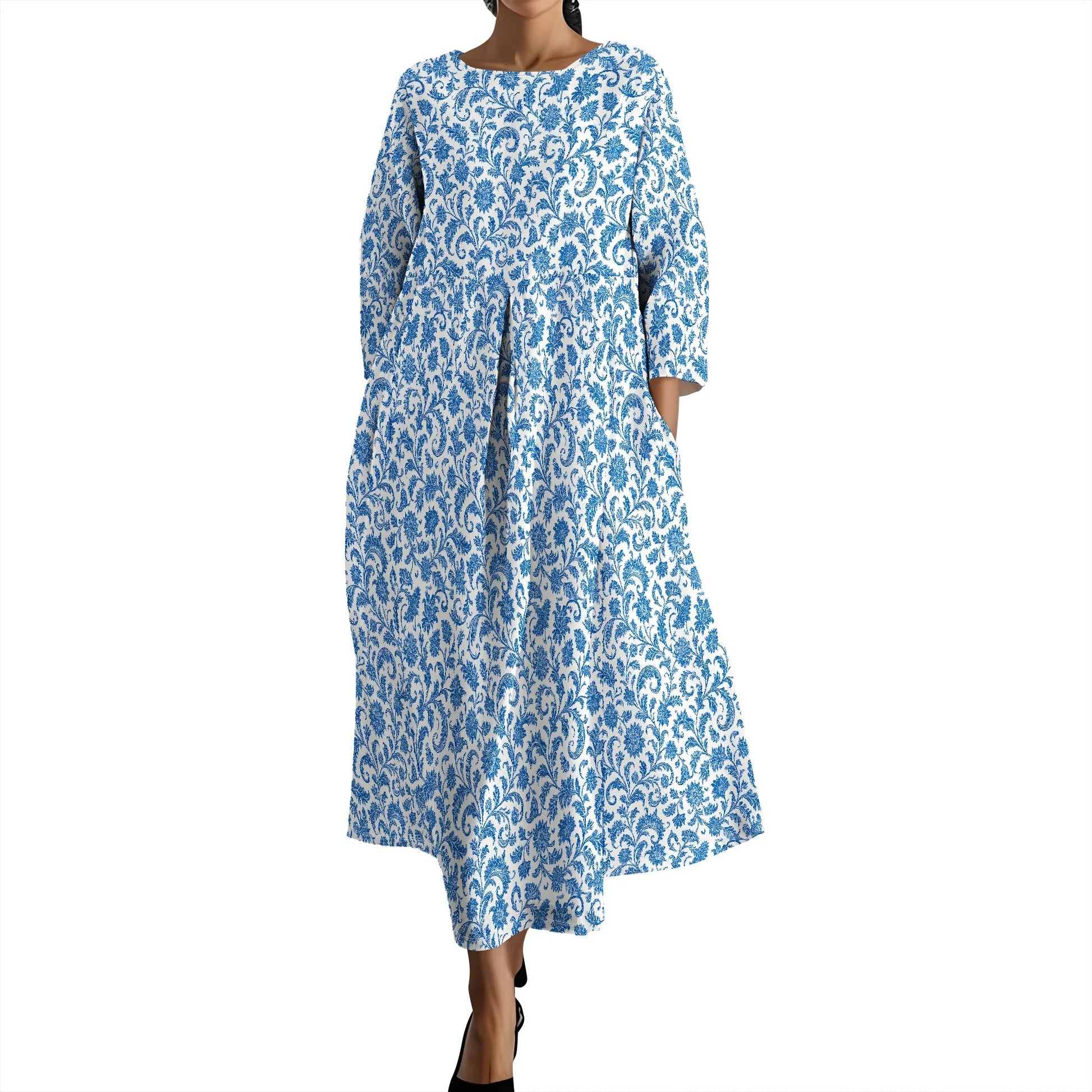 Women's Long Sleeve Elegant Solid Color Autumn Maxi Dresses Casual Loose Plus Size Beach Dress for Women with Pockets - Colouronova