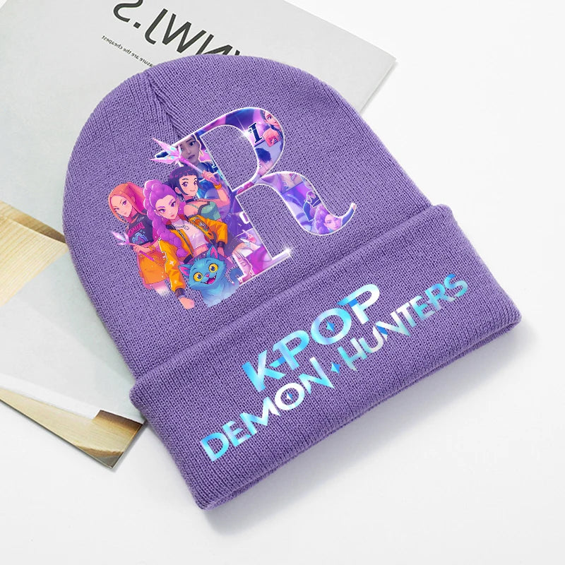 KPop Demon Hunters Purple Knitted Hat Boys Girls Cartoon Anime Woolen Hats Autumn Winter Kid Outdoor Warmth Beanies Caps Beanie - Colouronova