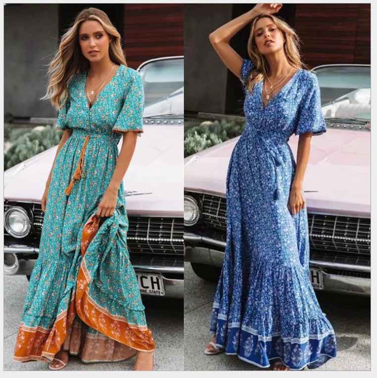 Bohemian Print V-Neck Flowy Dress
