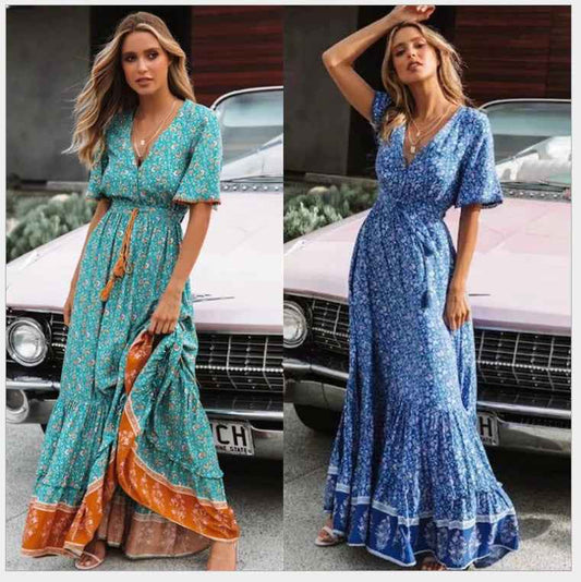 Bohemian Print V-Neck Flowy Dress