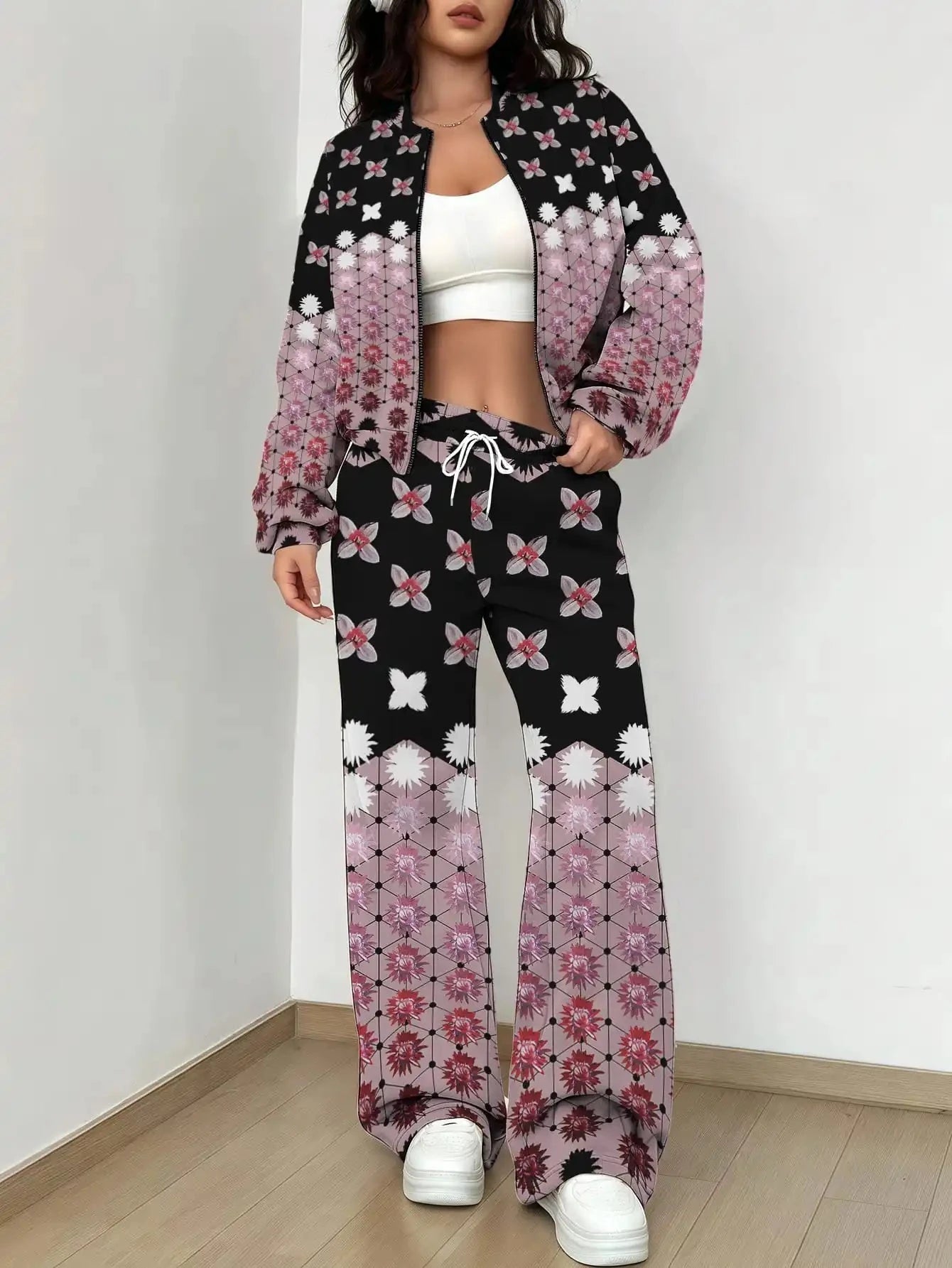 French Retro Floral Long Sleeved Zipper Jacket and Pants Set, Gentle and Stylish Two-piece Set Colouronova