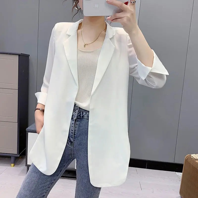 Women Blazer Jacket Cardigan Summer Suit Coat Three Quarter Sleeve Turn Down Collar Office Lady Open Stitch Outerwear 2025 - Colouronova