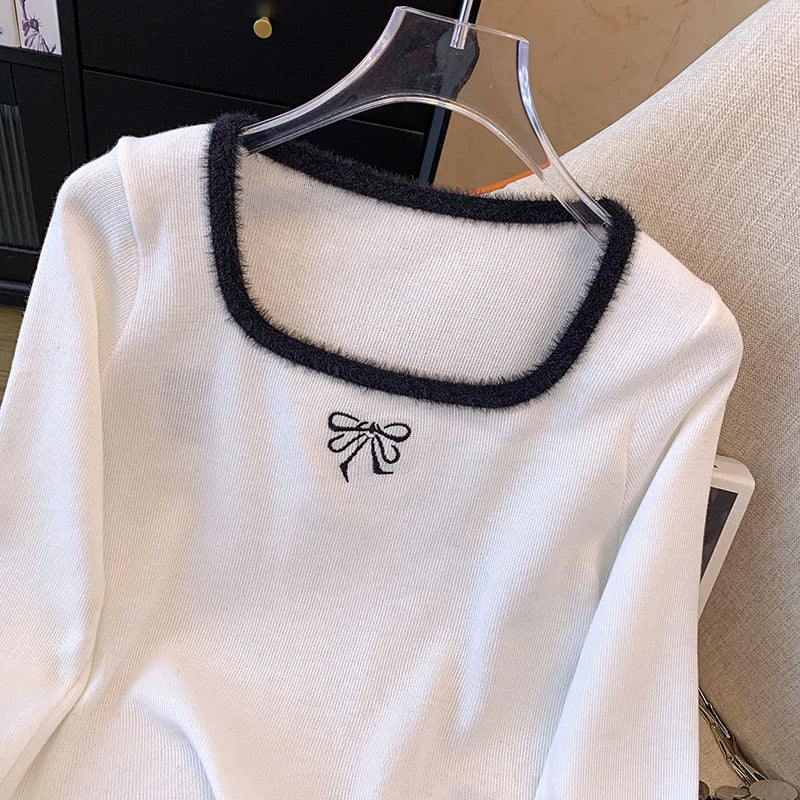 Women's Knitted Long Sleeves Winter Office Soft Touch Stretch Pullover Casual Soild Color Square Neck Slimfit Tops - Colouronova