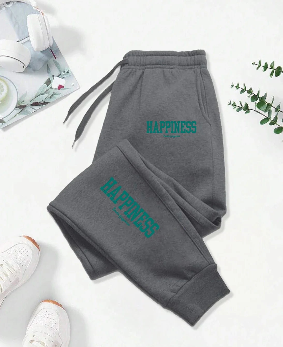 Happiness Letter Graphic Print Pattern Pants Woman Autumn Fashion Joggers Comfortable Warm Pants Unisex Fashion Jogging Pant - Colouronova