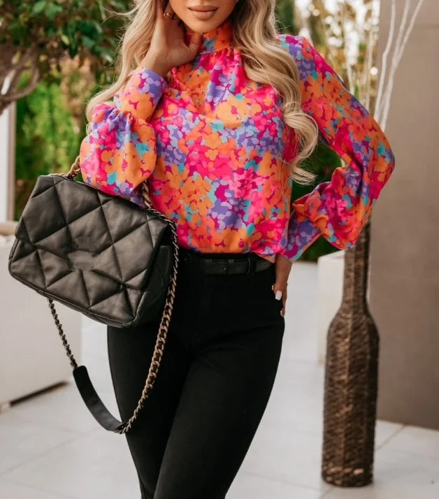 French Elegant Women's Blouse Fashionable Flower Print Commuting Stand Collar Casual Loose Lantern Sleeves Chiffon Shirt Top - Colouronova