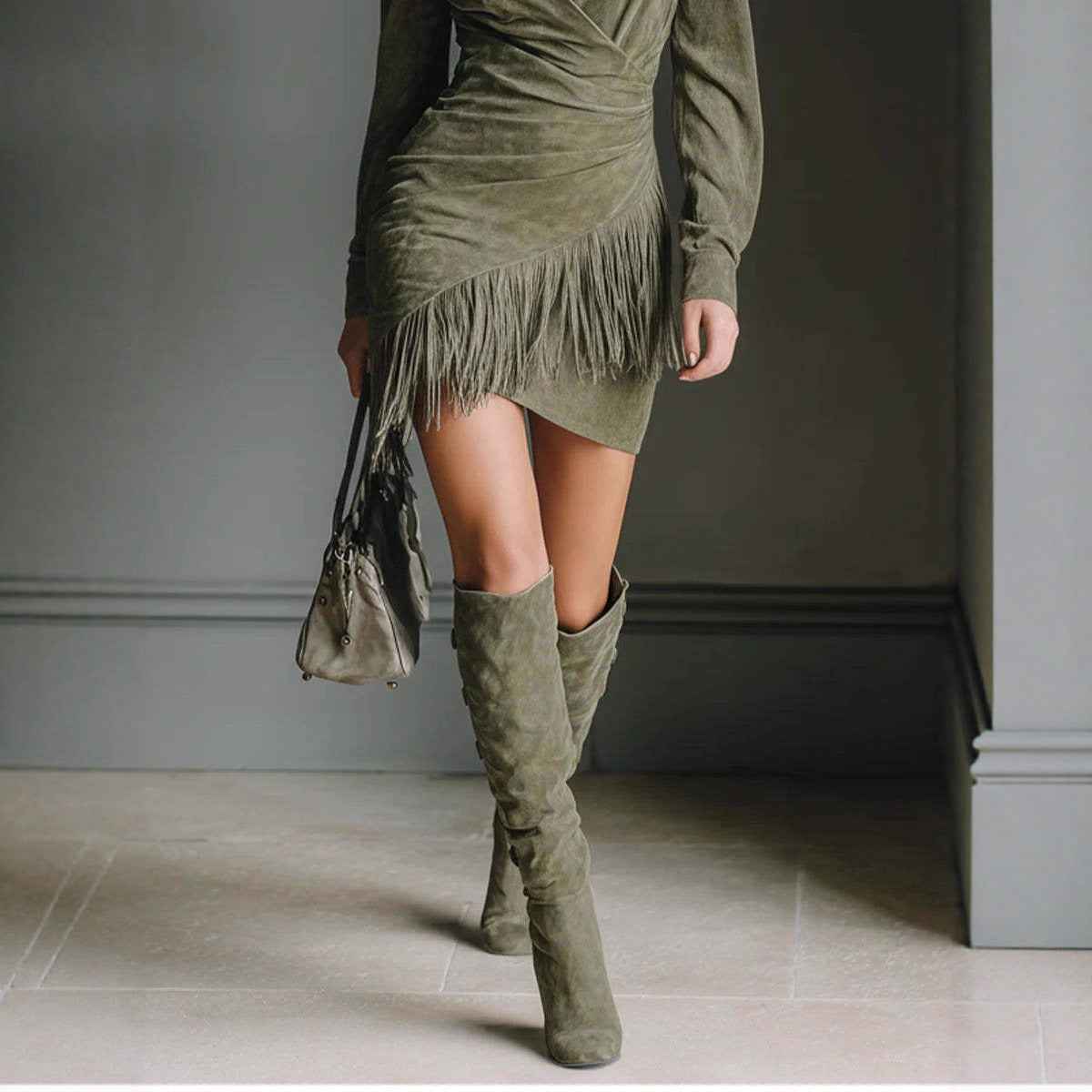 Western Style Suede Tassel Long Sleeve Dress