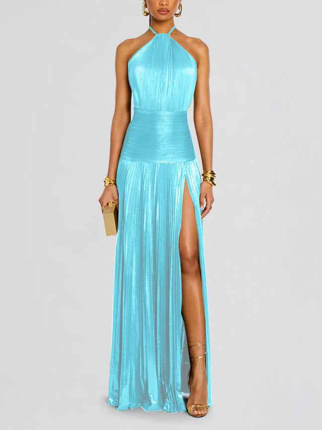 Metallic Halter Slit Backless Dress
