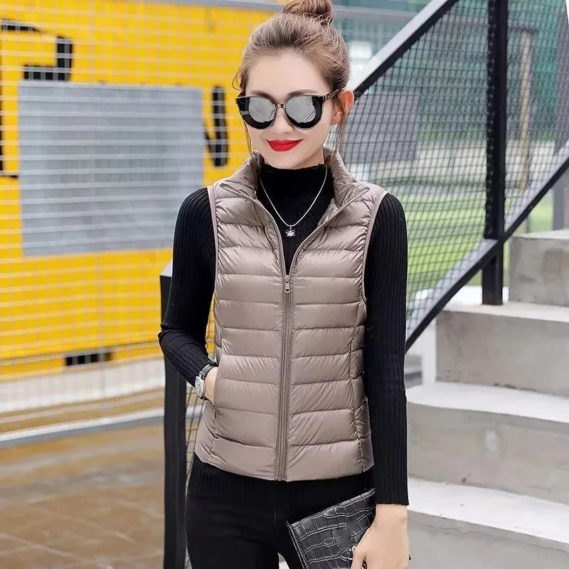 2024 Women's Clothing Down Coats White duck down slim fit new lightweight down vest short standing collar warm thin jacket vests - Colouronova