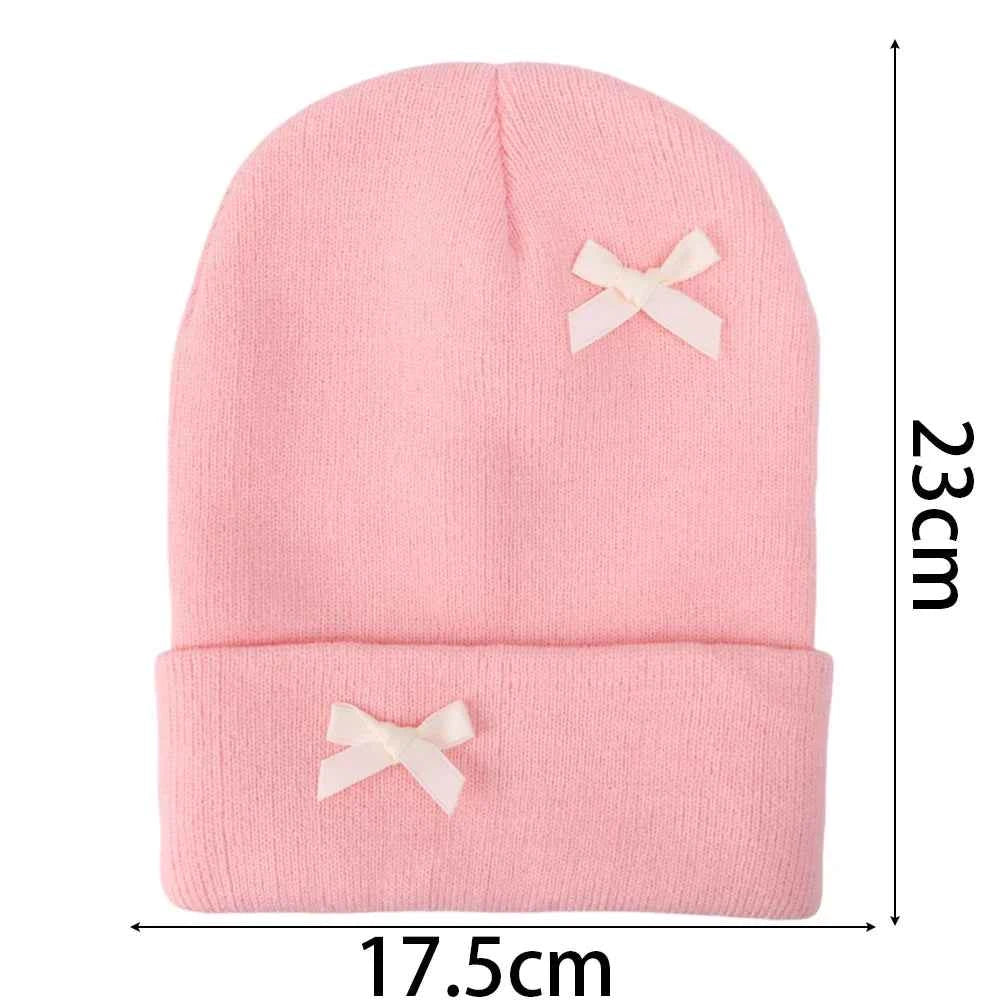 Korean Bow Women Beanie Cap Autumn Winter Warm Ins Style Cute Y2K Girls Knitted Hat Solid Color Bowknot Female Thermal Skullcap