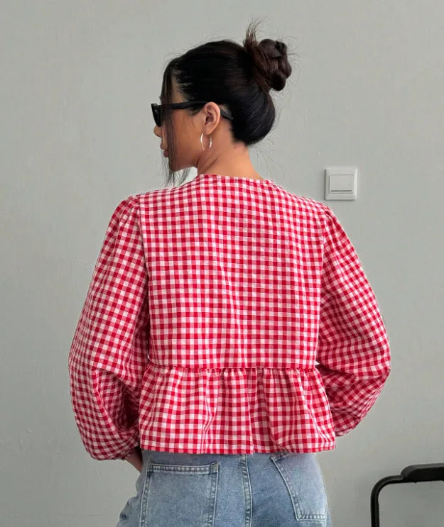 Shirt Women Casual Blouses Coat Plaid Printing Lace Up Bow Round Collar Puff Sleeve Sweet Overshirt Female Spring Summer 2025 - Colouronova