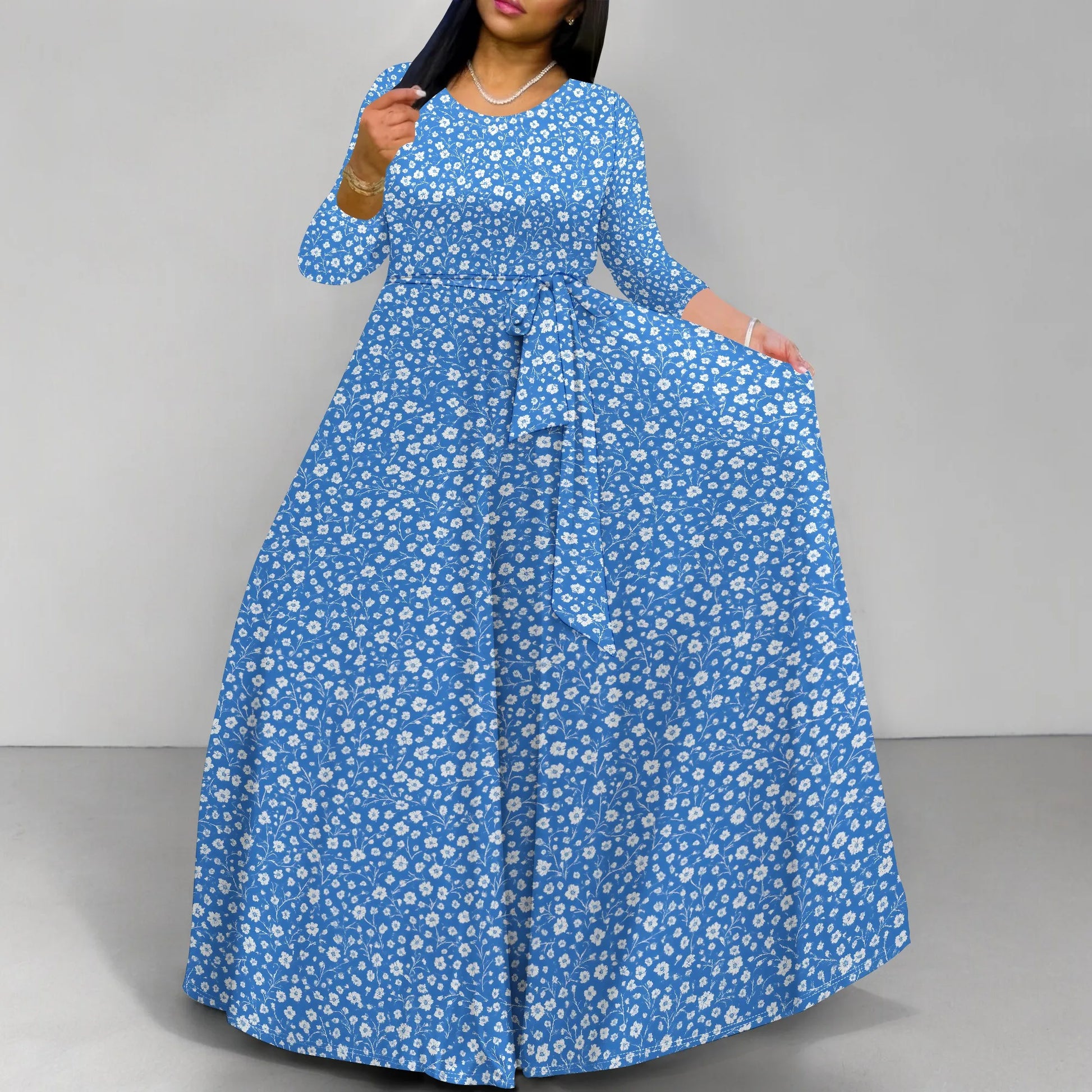 Long Sleeve Plus Size Maxi Fall Dress for Curvy Women Round Neck 3/4 Sleeve Long Dress Cocktail Party Dress - Colouronova