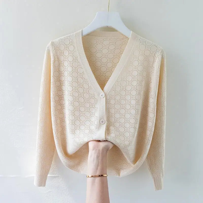 2025 New V-neck Ice Silk Sweater women's Cardigan Hollow Loose Summer Thin Long Sleeve Shawl Coat Female Knitwear Tops - Colouronova