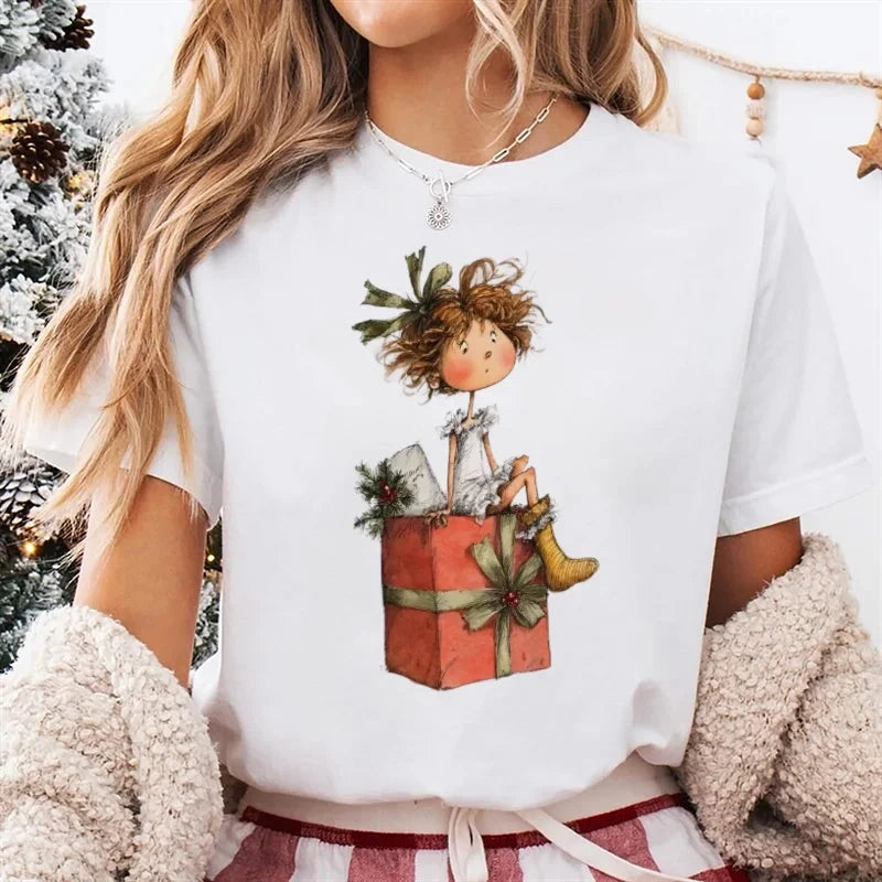 Trendy Women's Cute Christmas Happy Fashion New Year T-Shirt Girls' Christmas Socks Pattern Printed Short Sleeve Basic T-Shirt Colouronova