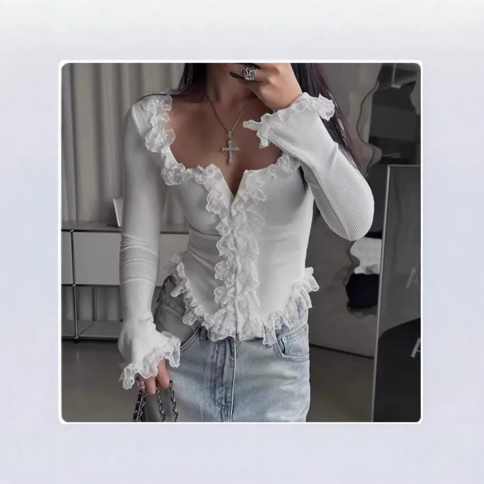 Knitted Top Women Pullover Knitting T Shirt Slim Sexy Lace Ruffles Jumper Tops Autumn Winter 2025 Casual Office Lady Knitwear - Colouronova