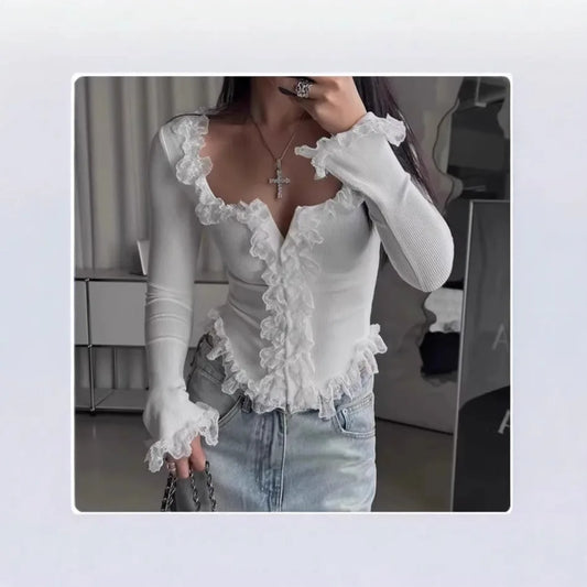 Knitted Top Women Pullover Knitting T Shirt Slim Sexy Lace Ruffles Jumper Tops Autumn Winter 2025 Casual Office Lady Knitwear - Colouronova