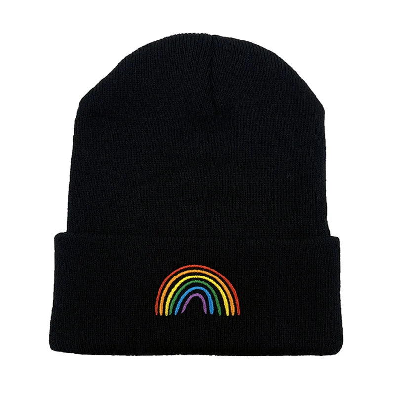 Cute Rainbow Beanies Women Autumn Winter Warm Hat Simple Solid Color Cartoon Embroidery Caps for Men Knitted Unisex Bonnet Gifts - Colouronova