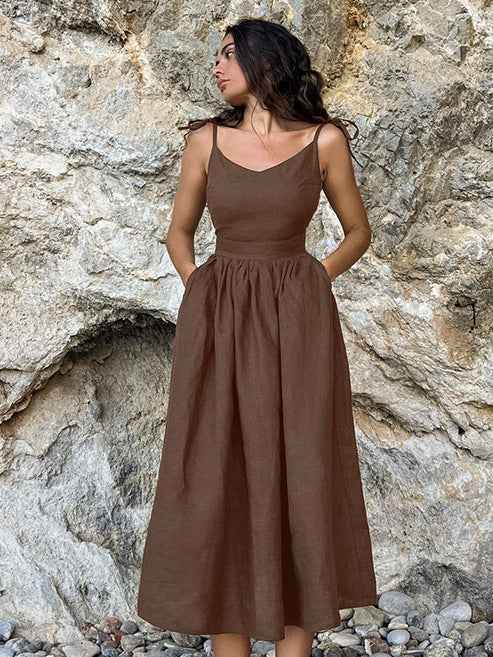 Women's Cotton Linen Suspender Dress