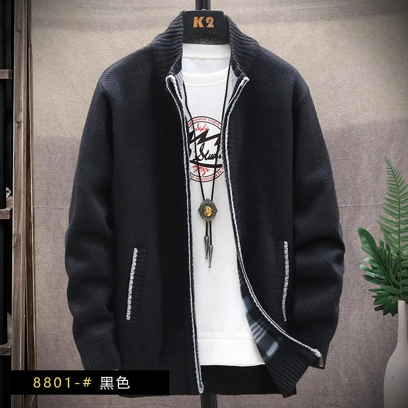 Men's Winter Autumn Fleece Sweater Zipper Cardigan Korean Warm Jacket Coat Sports Male Jumper Knit Clothing Brown Jacket Colouronova