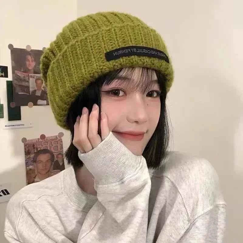 Women Warm Cap Simple Winter Wool Knitting Bonnet Solid Color Ins Versatile Stacked Cap Fashion Knitted Skull Hat Headwear