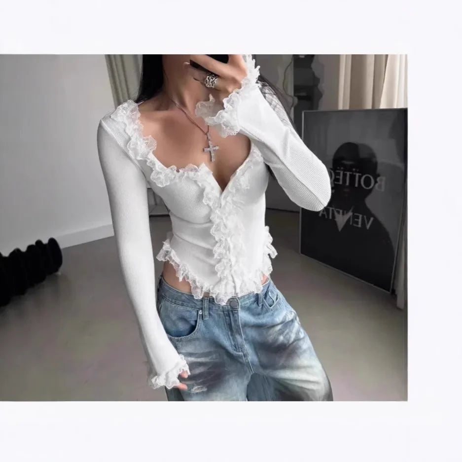 Knitted Top Women Pullover Knitting T Shirt Slim Sexy Lace Ruffles Jumper Tops Autumn Winter 2025 Casual Office Lady Knitwear - Colouronova