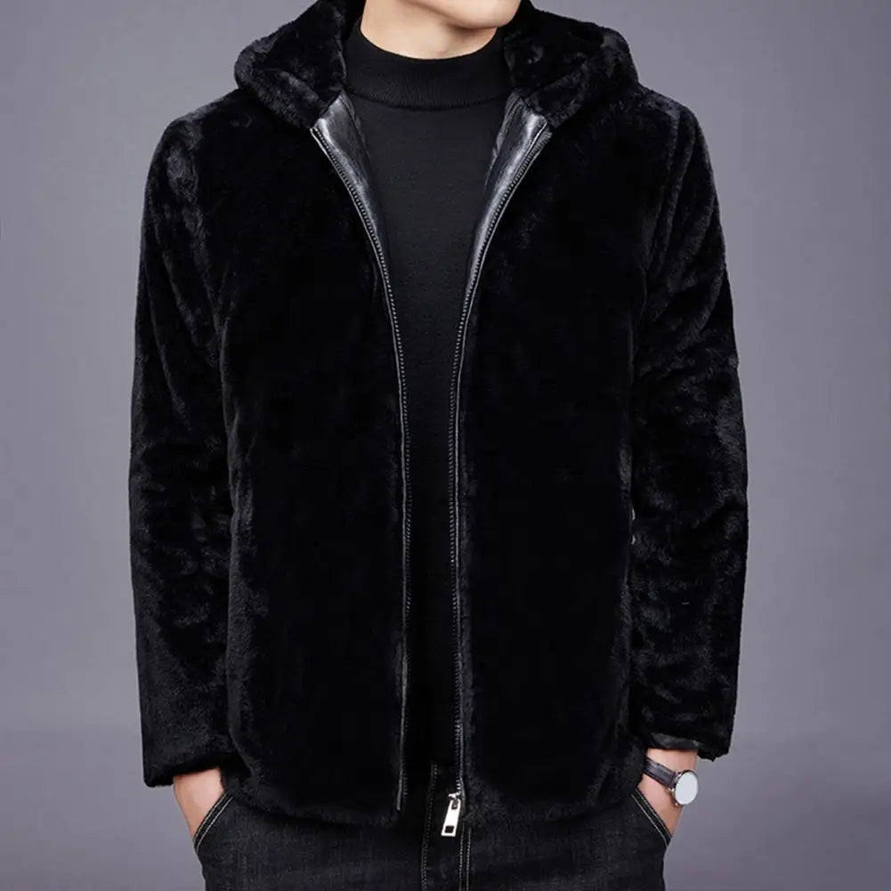 Men Coat Hooded Long Sleeve Imitation Mink Fur Jacket With Pockets Zipper Placket Thick Fleece Winter Coat - Colouronova